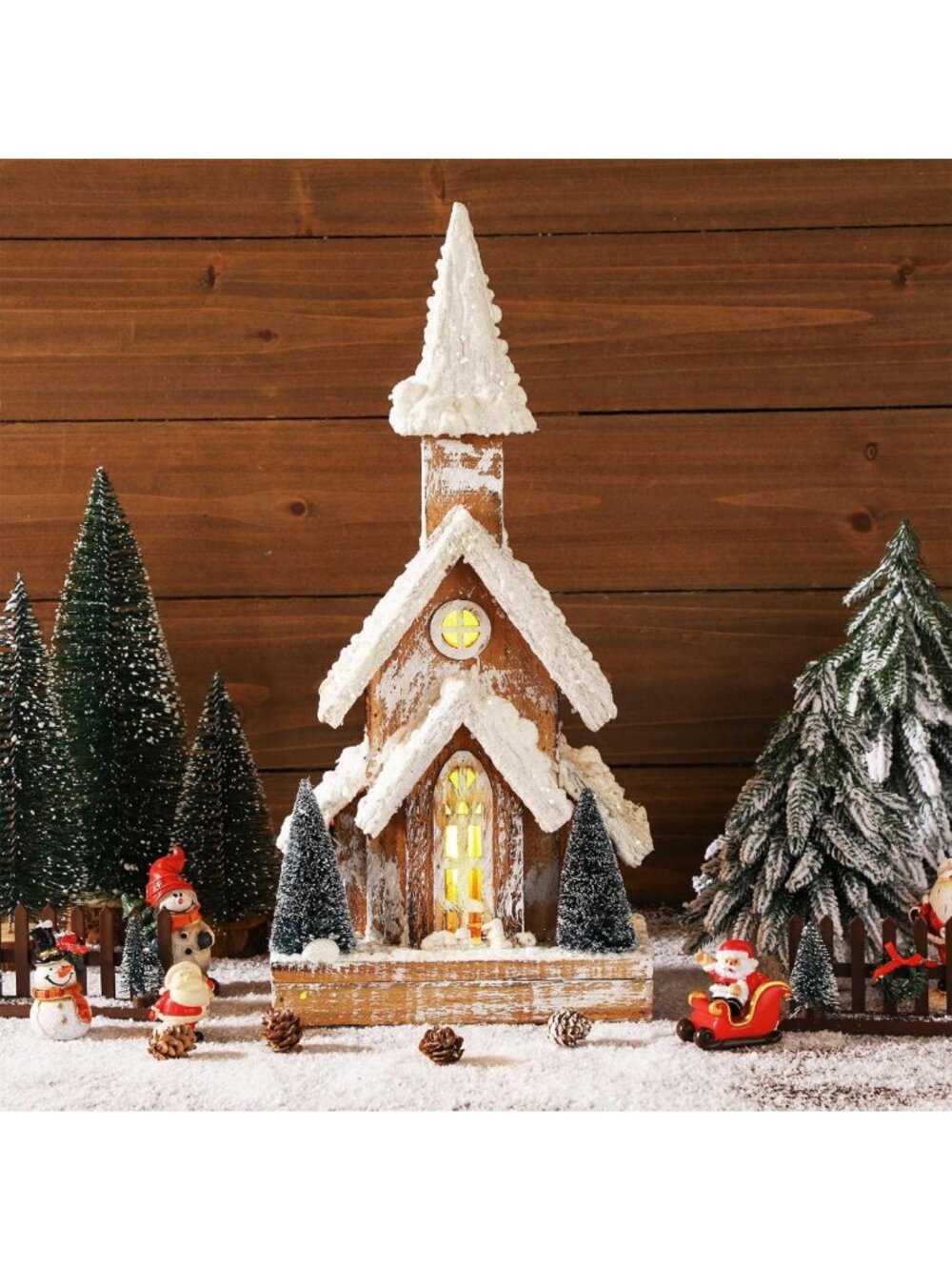 Rustic 16" LED Lighted Wooden Christmas Church Decor - Snowy Roof Holiday Charm